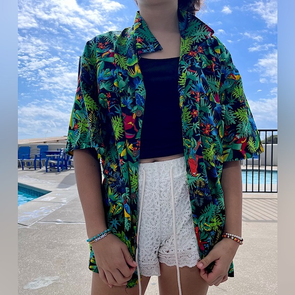 Unisex Toucan Dance Tropical Cotton Short Sleeve Button Down Large - Picture 1 of 6